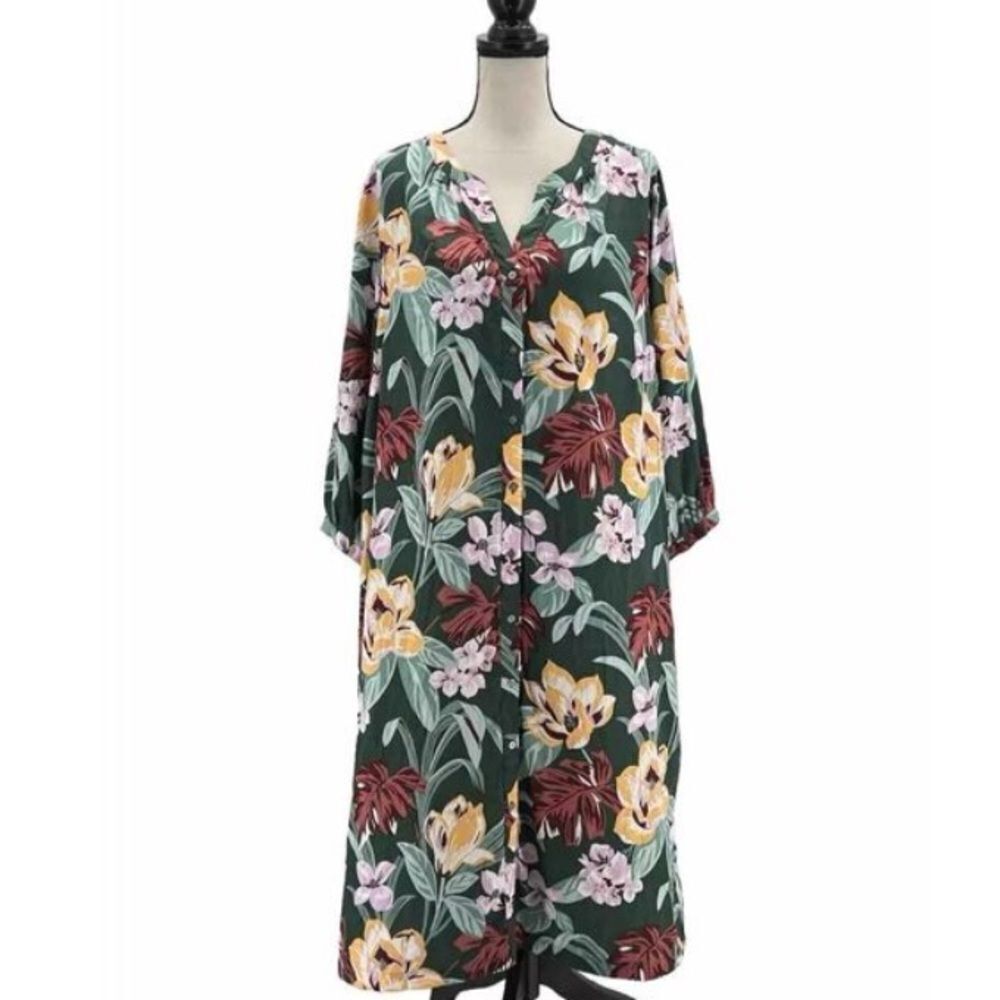 Loft Size XS Petite Button Up Shirt Dress Green Tropical Floral Mumu Boxy Casual
